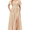 Women's Chiffon Flutter Sleeve Bridesmaid Dress Long with Slit V-Neck Pleated Formal Evening Party Gowns