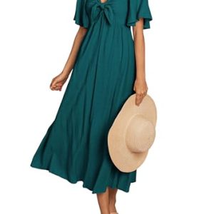 Summer Dress for Women 2025 Casual Short Sleeve Bow Tie V Neck Ruffle Midi Flowy Dresses