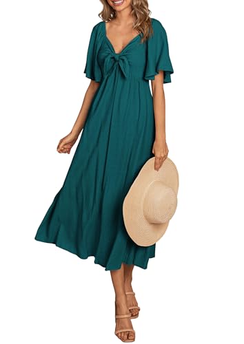 Summer Dress for Women 2025 Casual Short Sleeve Bow Tie V Neck Ruffle Midi Flowy Dresses