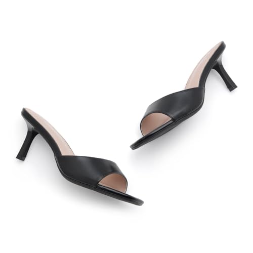 Women's Low Heels Stiletto Heeled Slides, Open Toe One Band Slip-On Heeled Mules – Dressy Heeled Sandals for Prom, Party Wedding