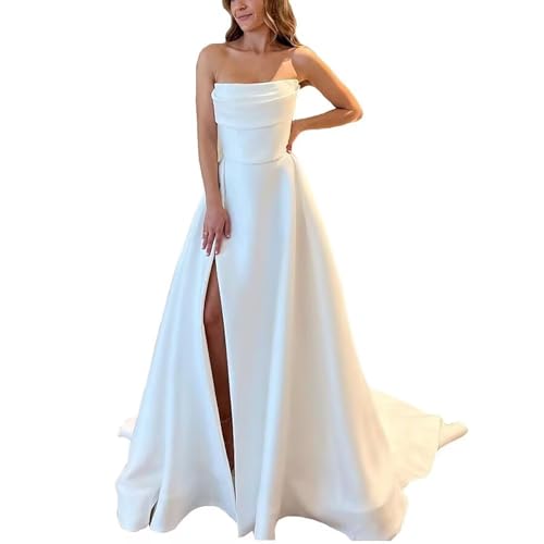 Simple Satin Wedding Dresses for Bride Women Off Shoulder Sleeveless Ball Gown Beach Bridal Gown with Train