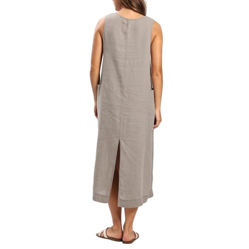 Women's 100% Linen Plant-Dyed Sleeveless V-Neck Midi Dress with Slit