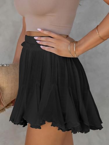 Women's Flowy Shorts Casual Linen Boho Ruffle Mini Skirts Pleated High Waist Cute Butterfly Skorts with Pockets Summer Trendy