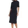 Women's Side Pleat Dress with Asymmetric Neck and Elbow Sleeves