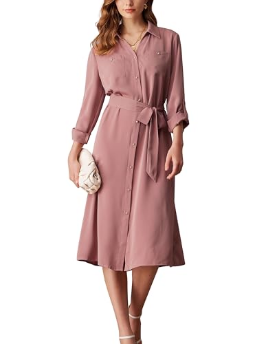 Women's Long Sleeve Button Down Shirt Dress Casual Loose Tie Waist Adjustable Sleeve Length Midi Dresses