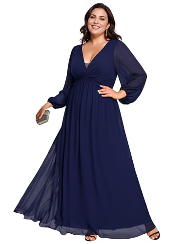 Women's V Neck Long Sleeves A Line Pleated Chiffon Plus Size Maxi Formal Evening Dresses 02235-DA