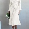 Women's Spring Midi Dress Long Puff Sleeve Wrap V Neck Flowy Ruffle Pleated Casual Fall Dresses