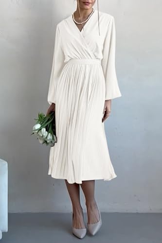 Women's Spring Midi Dress Long Puff Sleeve Wrap V Neck Flowy Ruffle Pleated Casual Fall Dresses