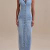 Women's Casual Button Down Maxi Denim Dresses Sexy Bodycon Sleeveless V Neck A-Line Long Jean Skirt Dress