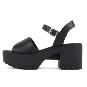 “Stacie” ~ Women Open Toe Lug Sole Mid Block Heeled Sandals with Adjustable Ankle Strap