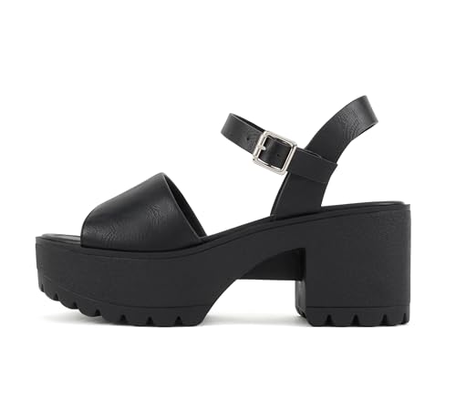 “Stacie” ~ Women Open Toe Lug Sole Mid Block Heeled Sandals with Adjustable Ankle Strap