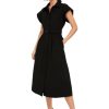 Women Casual Button Down Shirt Dress Short Wing Sleeve Buiness Midi Shirt Dress with Belt Elegant Dress