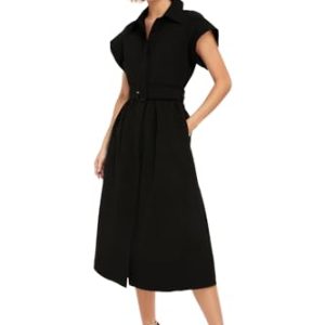 Women Casual Button Down Shirt Dress Short Wing Sleeve Buiness Midi Shirt Dress with Belt Elegant Dress