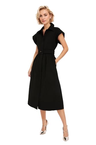 Women Casual Button Down Shirt Dress Short Wing Sleeve Buiness Midi Shirt Dress with Belt Elegant Dress