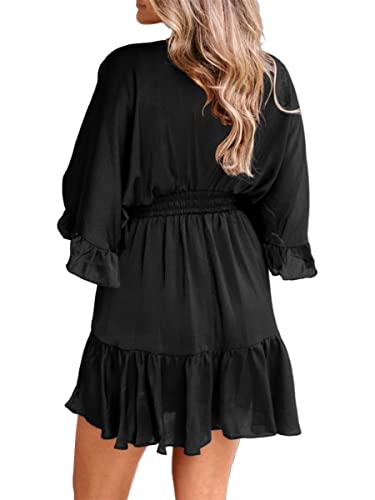 Womens V Neck Casual Dresses Summer Loose High Waist Ruffle Pleated Cute Mini Short Dress