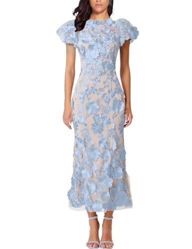 Women's 3D Floral Embroidery Dress Ruffle Sleeve Fishtail Lace Bodycon Party Cocktail Mini Dress