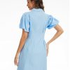 Women's Short Puff Sleeve Shirt Dress Button Down Pleated Mini Dress Summer Casual Short Dresses