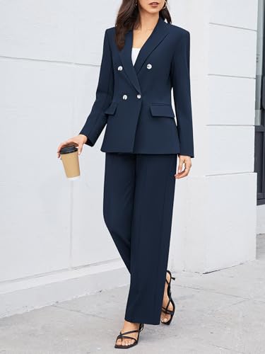 Women's 2 Piece Business Casual Outfits Double Breasted Blazer Dressy Wide Leg Work Pants Suits Set