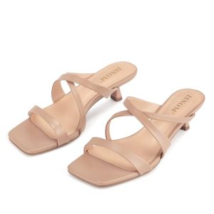 Nude Strappy Heels for Women Nude Kitten Heeled Sandals Slip On Square Toe Open Toe Heels