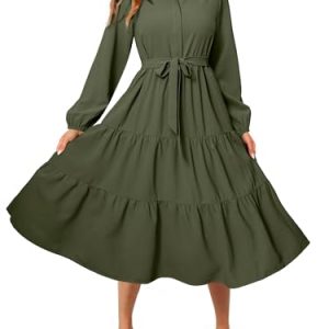 Womens Long Sleeve Dresses 2025 Fall Maxi Casual V Neck Belted Button Down Wedding Guest Shirt Dress with Pockets