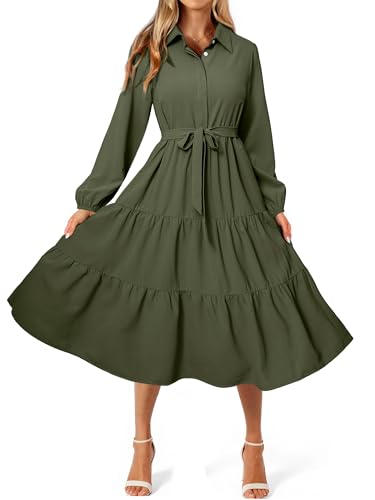 Womens Long Sleeve Dresses 2025 Fall Maxi Casual V Neck Belted Button Down Wedding Guest Shirt Dress with Pockets