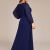 Women's V Neck Long Sleeves A Line Pleated Chiffon Plus Size Maxi Formal Evening Dresses 02235-DA