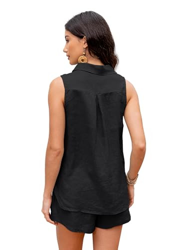 100% Linen Sets for Women 2 Piece Lounge Outfits Collared Sleeveless Button Down Shirt High Waisted Shorts Summer Set