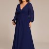 Women's V Neck Long Sleeves A Line Pleated Chiffon Plus Size Maxi Formal Evening Dresses 02235-DA