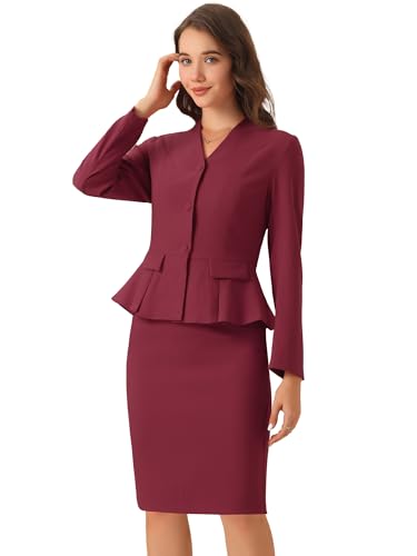 Business Suit Sets for Women's 2 Piece Outfits Collarless Peplum Blazer Formal Pencil Skirt Suit