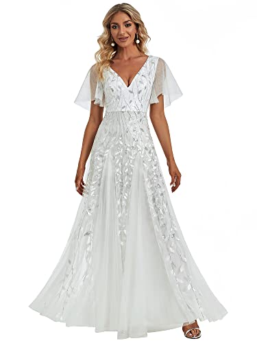 Women's Sequin Sparkly V-Neck Short Sleeve A-Line Floor Length Evening Dress 00734