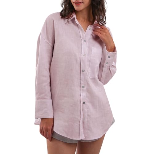 Women's 100% Linen Summer Long Sleeve Button-Down Shirt with Pockets