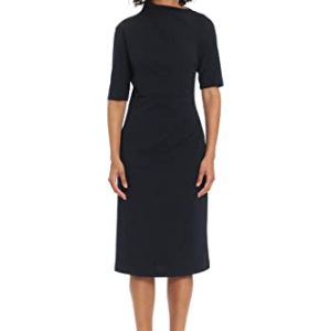 Women's Side Pleat Dress with Asymmetric Neck and Elbow Sleeves