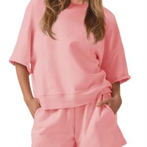 Womens 2 Piece Outfits Casual Oversized Cropped Sweatshirt and High Waist Running Shorts Tracksuit Sets