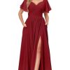Women's Chiffon Flutter Sleeve Bridesmaid Dress Long with Slit V-Neck Pleated Formal Evening Party Gowns