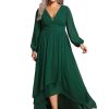 Women's Gorgeous Plus Size V Neck Lantern Sleeves Pleated A Line High Low Wedding Guest Dresses 02043-DA