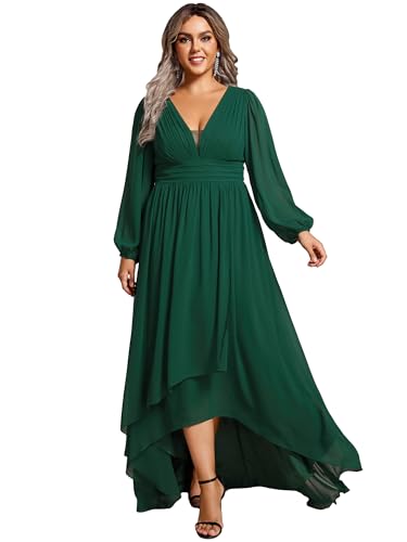 Women's Gorgeous Plus Size V Neck Lantern Sleeves Pleated A Line High Low Wedding Guest Dresses 02043-DA