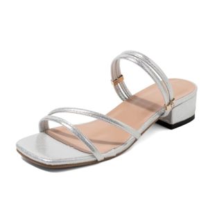 Women's Strappy Sandals Low Block Heel – Square Toe Off-White Minimalist Summer Sandals with Slingback Strap – Casual Dress
