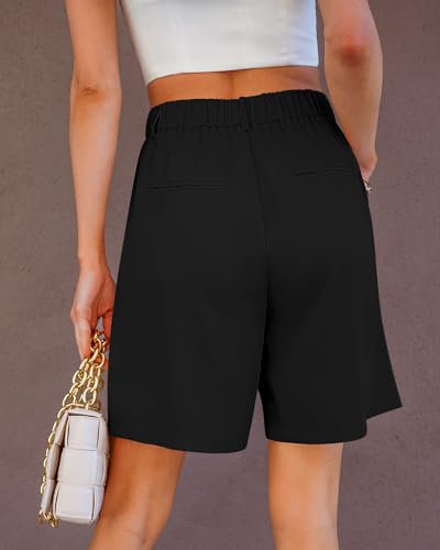 Bermuda Shorts for Women Dressy Casual High Waisted Summer Work Elastic Waist Pleated Dress Shorts with Pockets