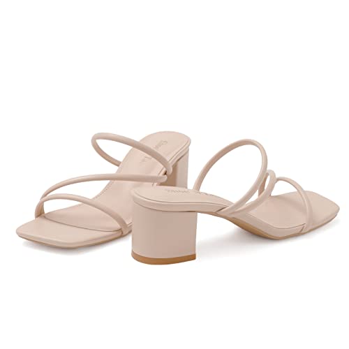 Strappy Heels For Women Low Chunky Block Heel Heeled Sandals Square Open Toe Slip On Slides Mules