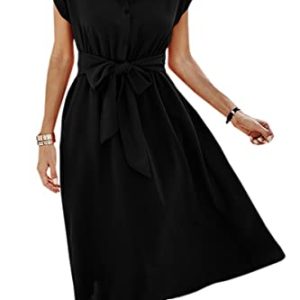 Womens Casual Midi Dresses Solid V Neck Short Sleeve Button Shirt Belted Dress with Pockets for Spring Summer 2025