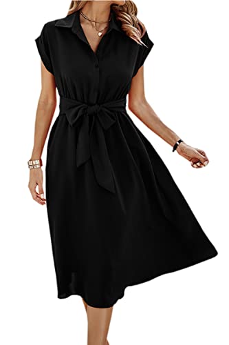 Womens Casual Midi Dresses Solid V Neck Short Sleeve Button Shirt Belted Dress with Pockets for Spring Summer 2025