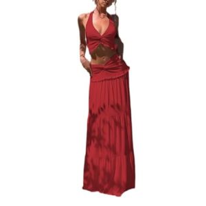 Women 2 Piece Outfits Sleeveless Strap Top Maxi Skirt Solid Color Going Out Vacation 2 Piece Sets for Women
