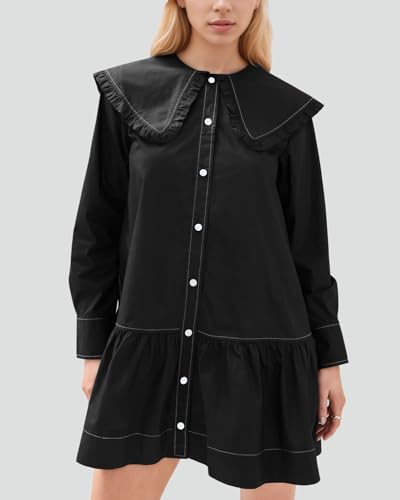 Women Shirt Mini Dress Button Down Ruffle Dress Long Sleeves Shift Dresses Peter Pan Collar Dresses