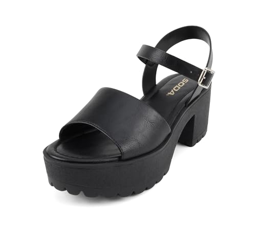 “Stacie” ~ Women Open Toe Lug Sole Mid Block Heeled Sandals with Adjustable Ankle Strap