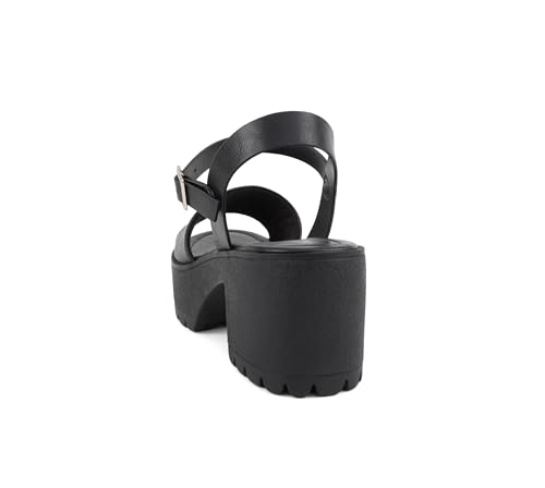 “Stacie” ~ Women Open Toe Lug Sole Mid Block Heeled Sandals with Adjustable Ankle Strap