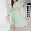 Business Casual Shirt Dress for Women Long Sleeves Pleated Midi Dresses with Belt