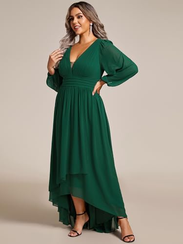 Women's Gorgeous Plus Size V Neck Lantern Sleeves Pleated A Line High Low Wedding Guest Dresses 02043-DA