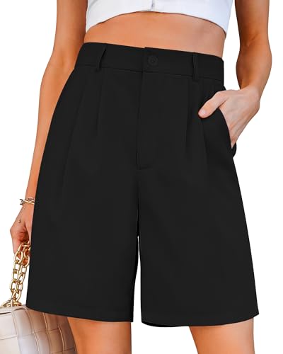 Bermuda Shorts for Women Dressy Casual High Waisted Summer Work Elastic Waist Pleated Dress Shorts with Pockets