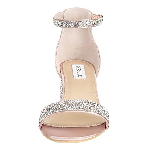 Sparkly Sandals Women Rhinestone Heels Wedding Shoes for Bride Low Block Strappy Heels Gold Glitter