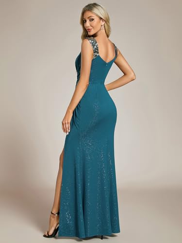 Women's V Neck Stretchy Glitter Bodycon Ball Gowns Sleeveless High Split Formal Evening Dresses 01888